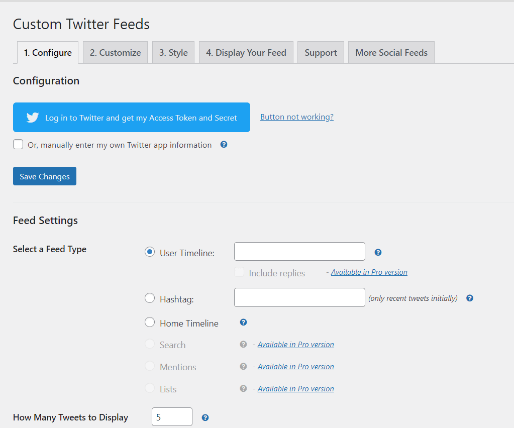 WordPress Twitter - Configure Tab